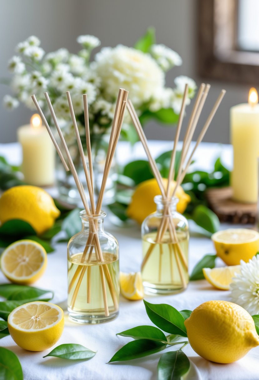 Table with lemon and citrus diffuser bottles surrounded by fresh lemons and green leaves as wedding decor.