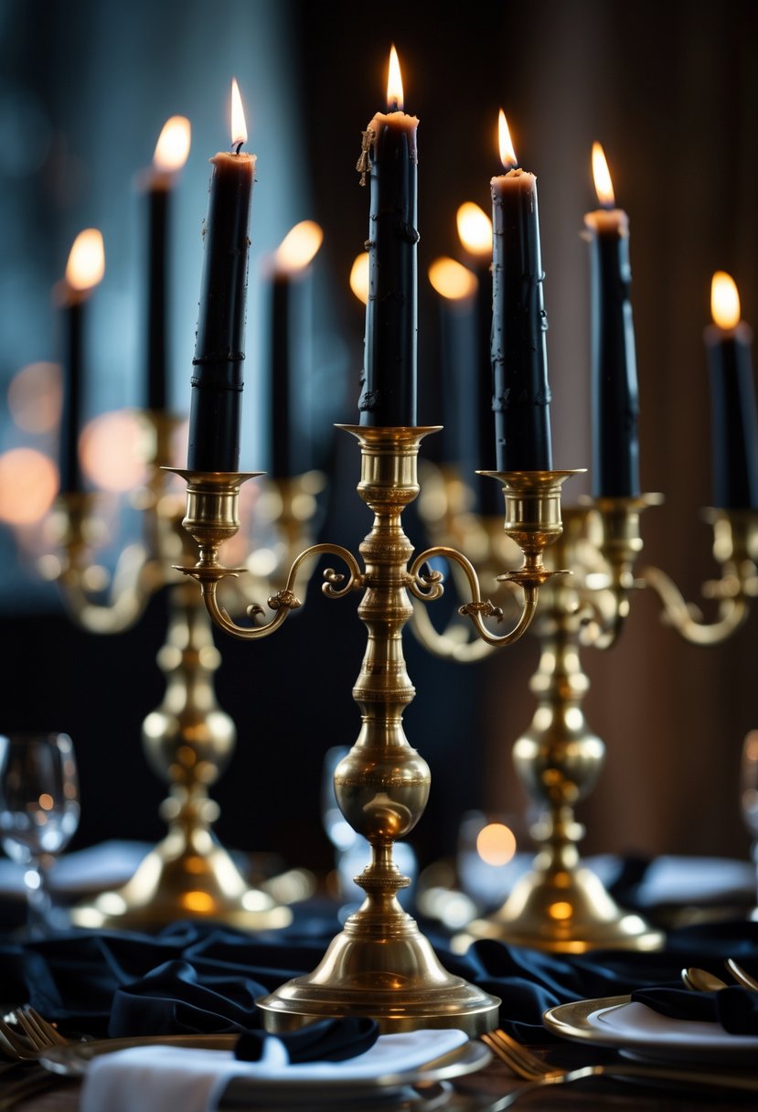 Brass candelabras with black taper candles on a dark wooden table with soft warm lighting.