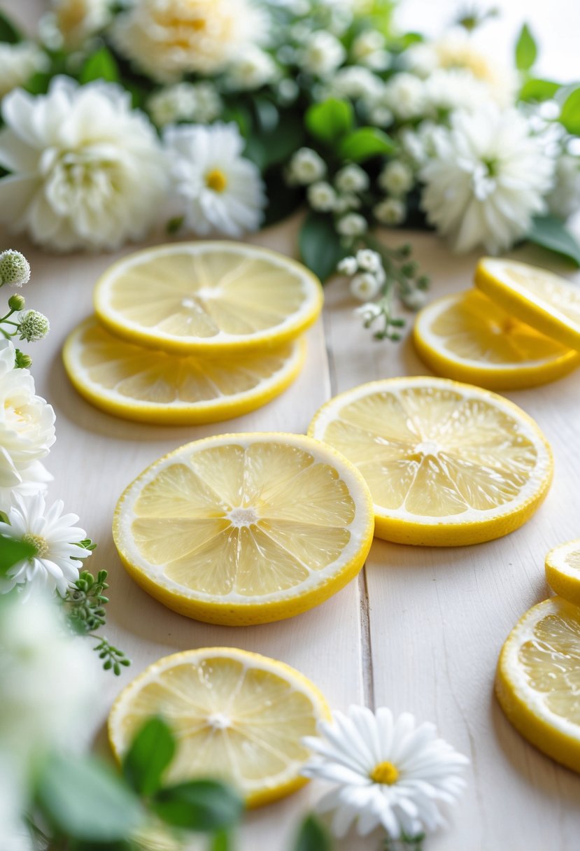 Fresh lemon slice coasters arranged on a wooden table with white flowers and green leaves around them.