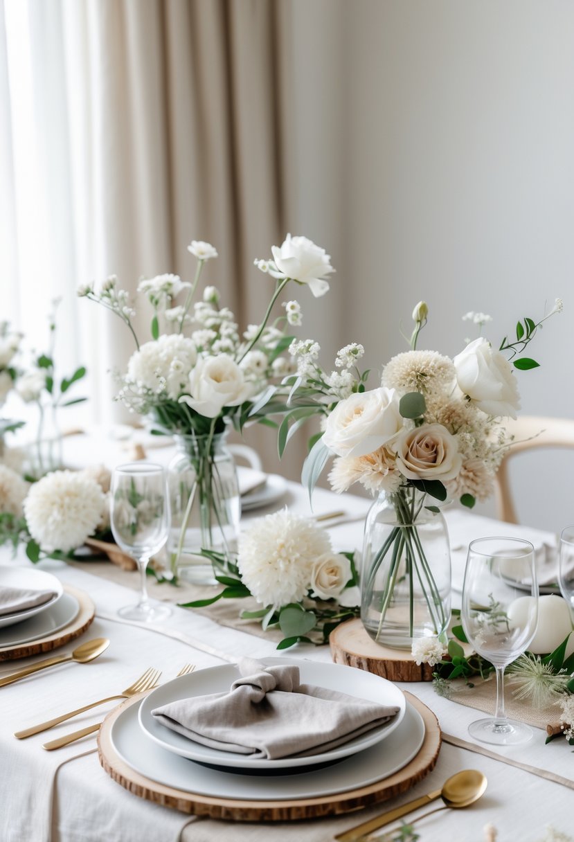 A wedding table decorated with white and beige flowers in glass vases, white linens, and soft gray napkins, set in a softly lit room.