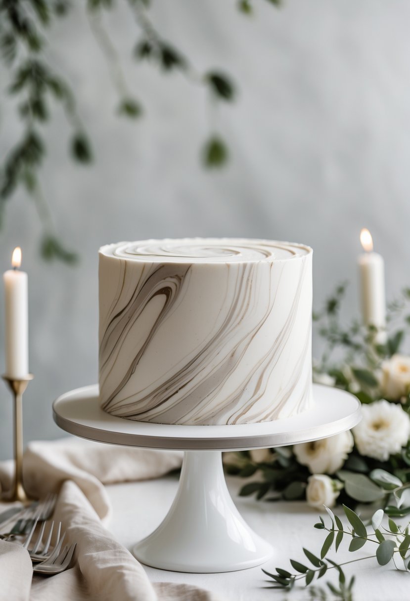 A marbled wedding cake with subtle swirling patterns on a white cake stand surrounded by minimalist wedding decor.