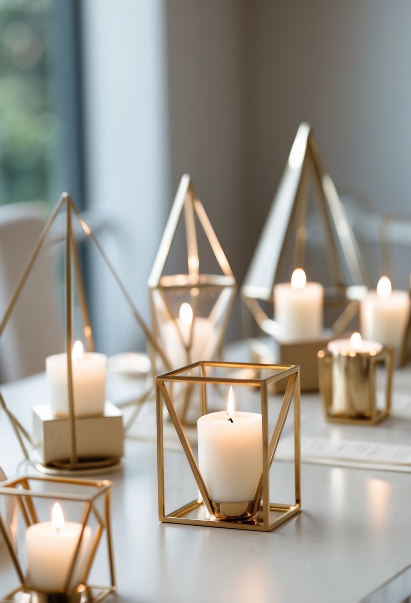 A table with several geometric metal candle holders holding lit candles, creating a warm and elegant atmosphere.