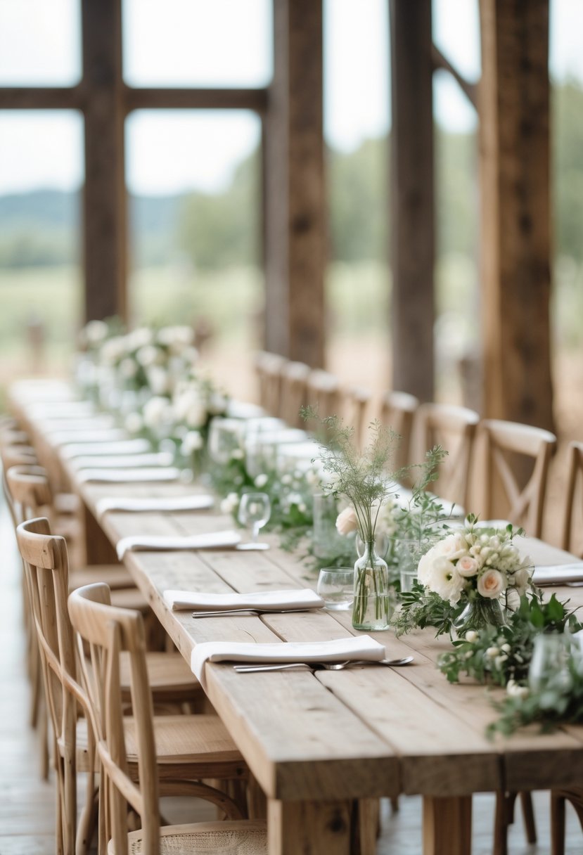 Bare wooden tables set with simple floral decorations and greenery in a softly lit wedding venue.