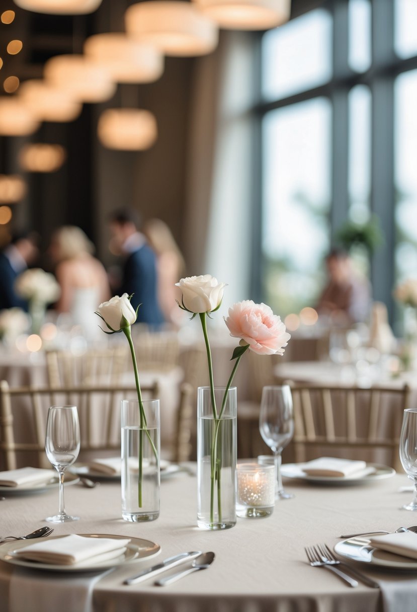 Guest tables at a wedding reception with single-flower bud vases as centerpieces.