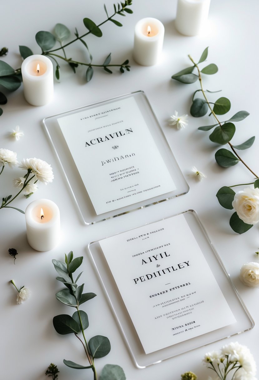 A set of clear acrylic wedding invitations displayed with white candles, green leaves, and white flowers on a white surface.