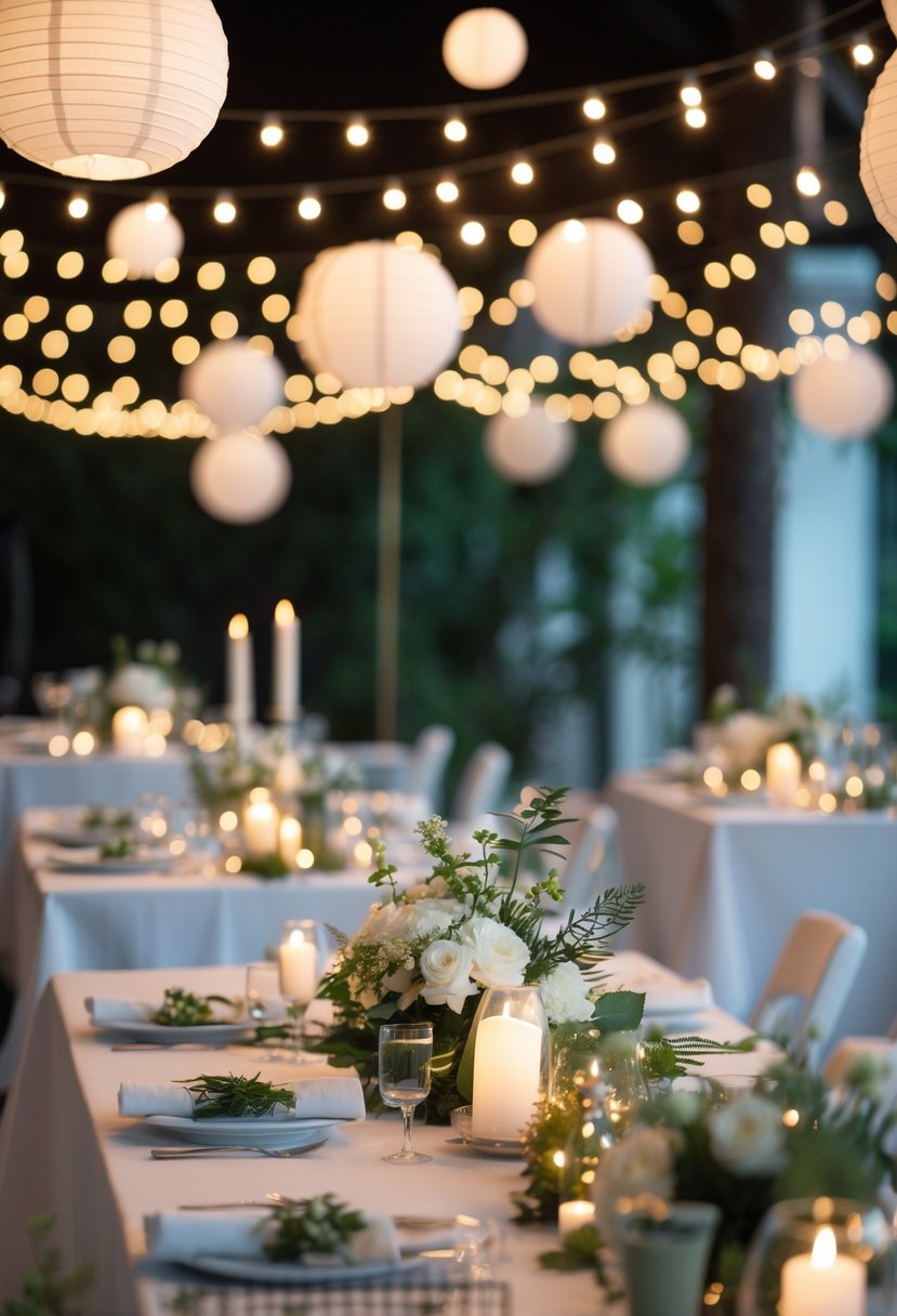A wedding reception setup with tables decorated with simple flowers and greenery, softly lit by hanging string lights and paper lanterns.