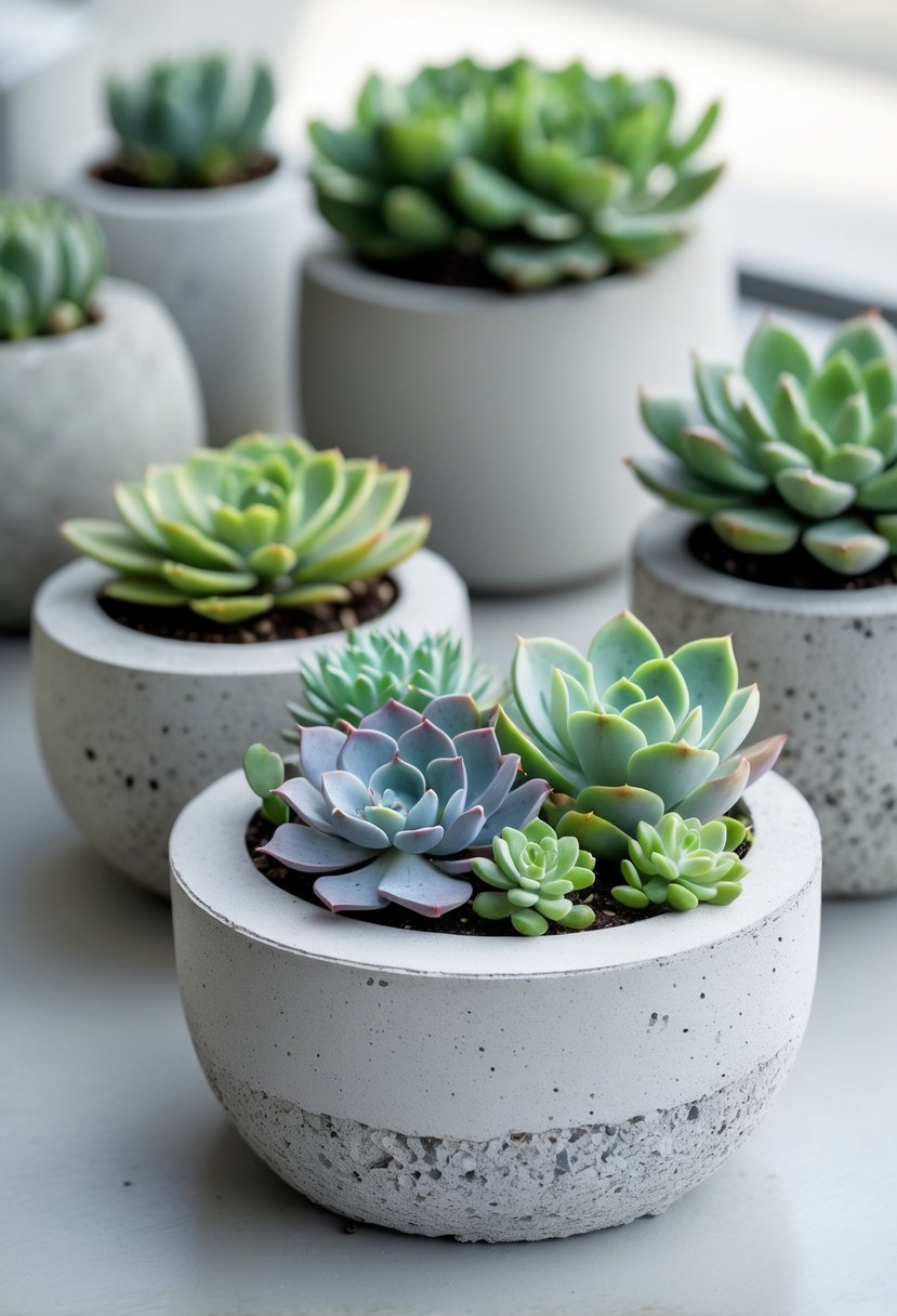 Concrete and stone planters filled with various green succulents arranged on a surface with soft natural lighting.