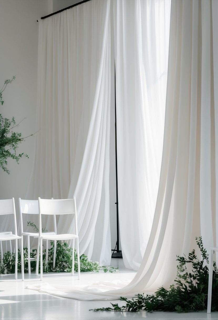 A wedding setup with white draped fabric panels, simple white chairs, and subtle greenery under soft natural light.