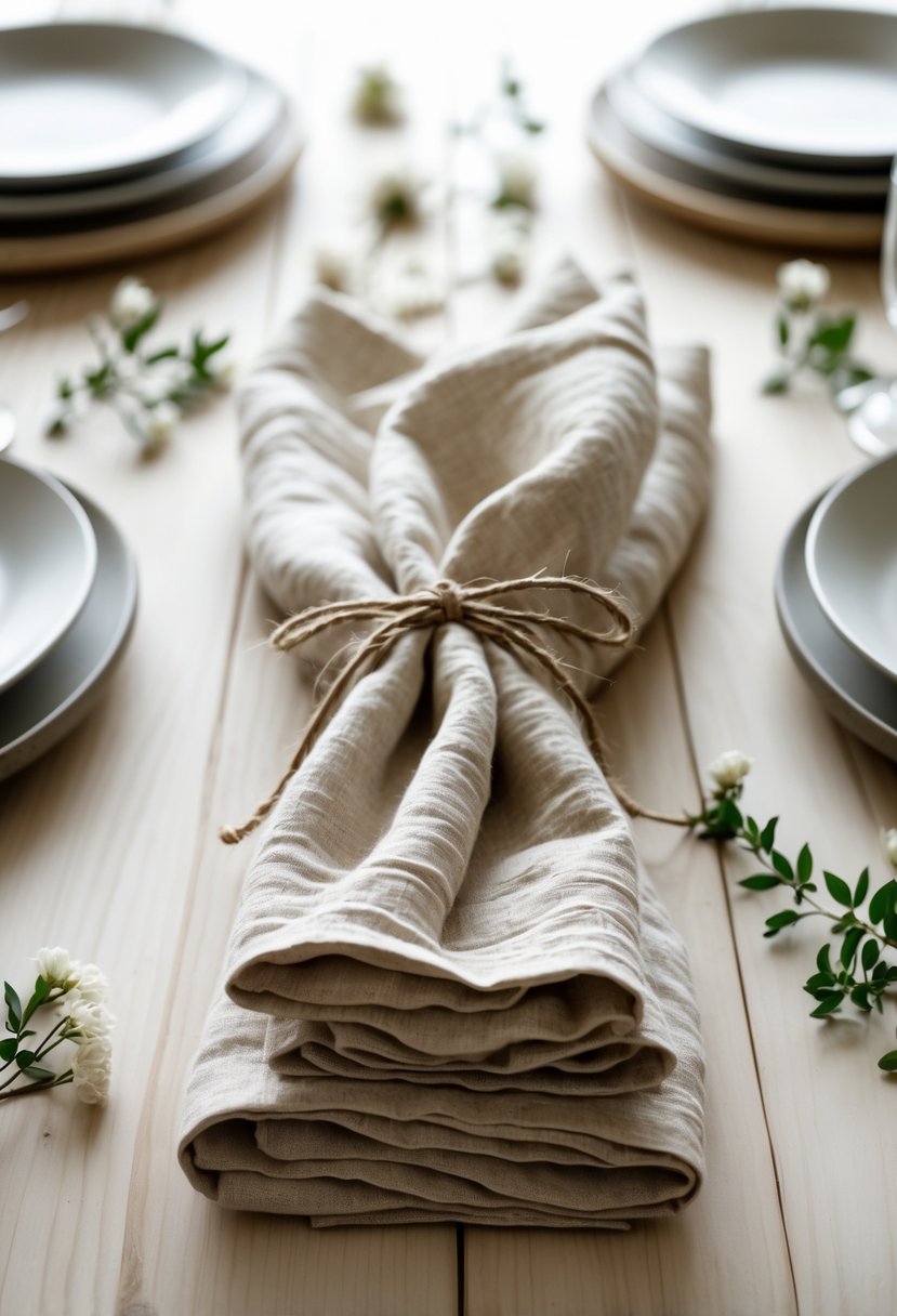 Natural linen napkins tied with twine placed on a wooden table with greenery and white flowers.