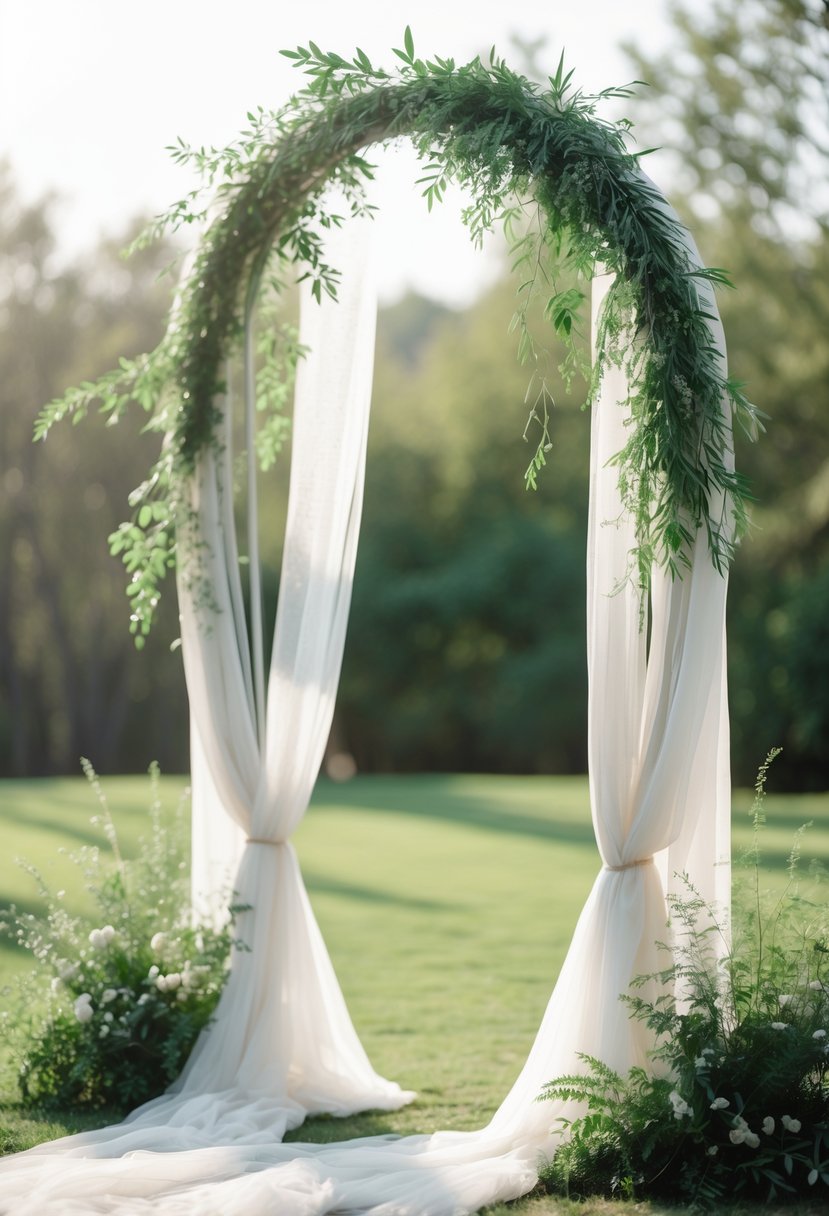 An outdoor wedding ceremony arch decorated with light fabric and green leaves.
