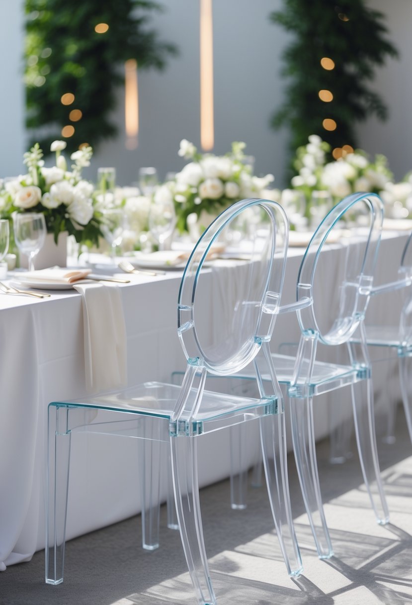 A wedding setup with clear acrylic chairs arranged around tables decorated with white linens and simple floral centerpieces.