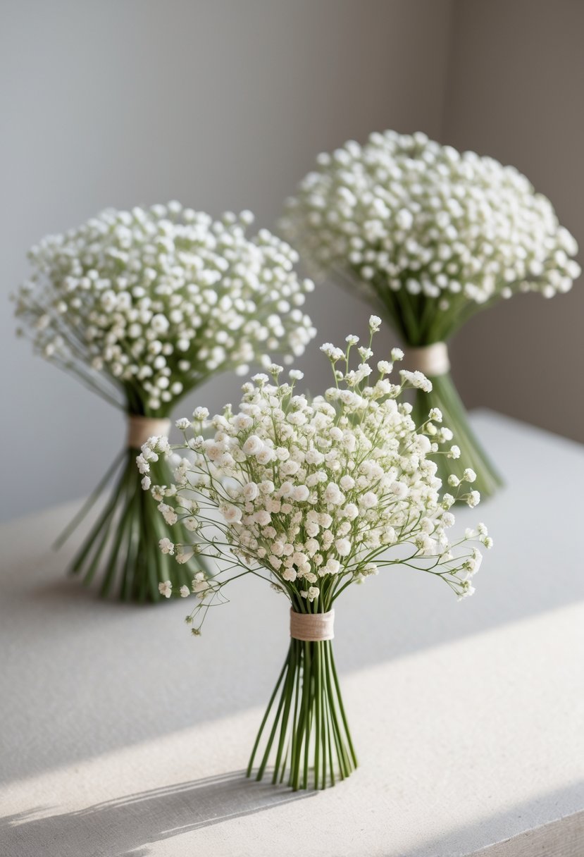 Small clusters of baby's breath flowers arranged in simple bouquets on a light surface.