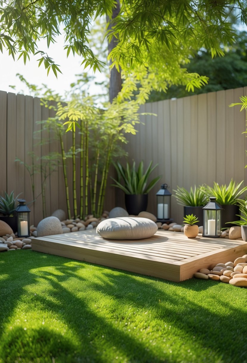 Outdoor zen meditation corner with artificial turf, a wooden platform with a cushion, surrounded by stones and plants under soft sunlight.