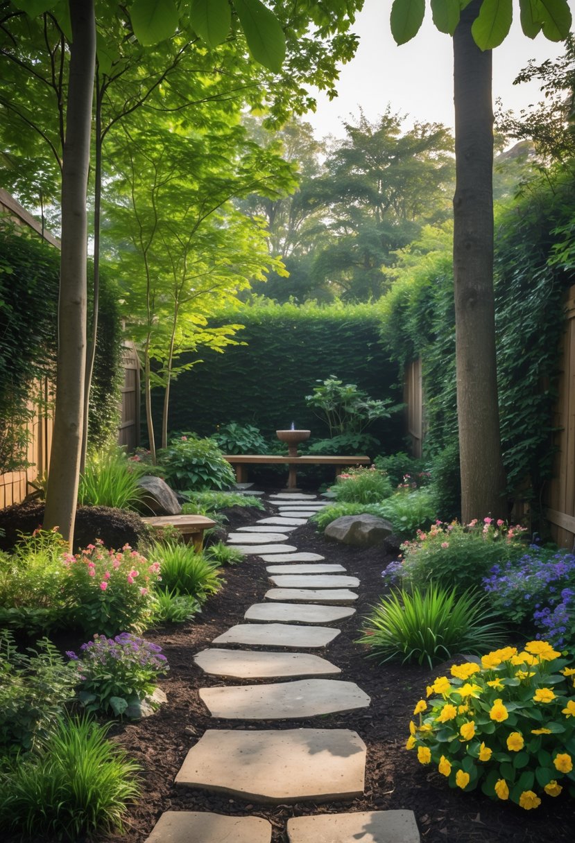A quiet backyard garden with a stone pathway, wooden bench, water fountain, surrounded by trees and flowering plants.