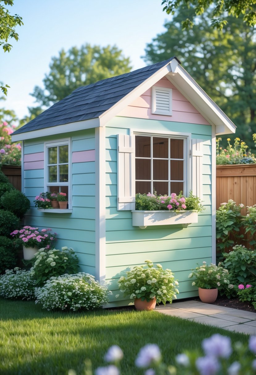 A garden shed with pastel-colored shiplap siding surrounded by blooming flowers and green plants in a sunny backyard.