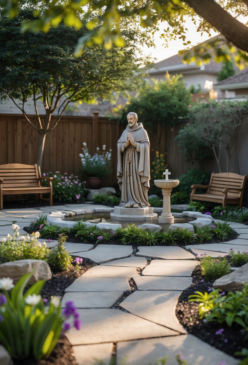 A peaceful backyard garden with a statue of St. Francis surrounded by greenery, flowers, stone paths, and benches for quiet reflection.