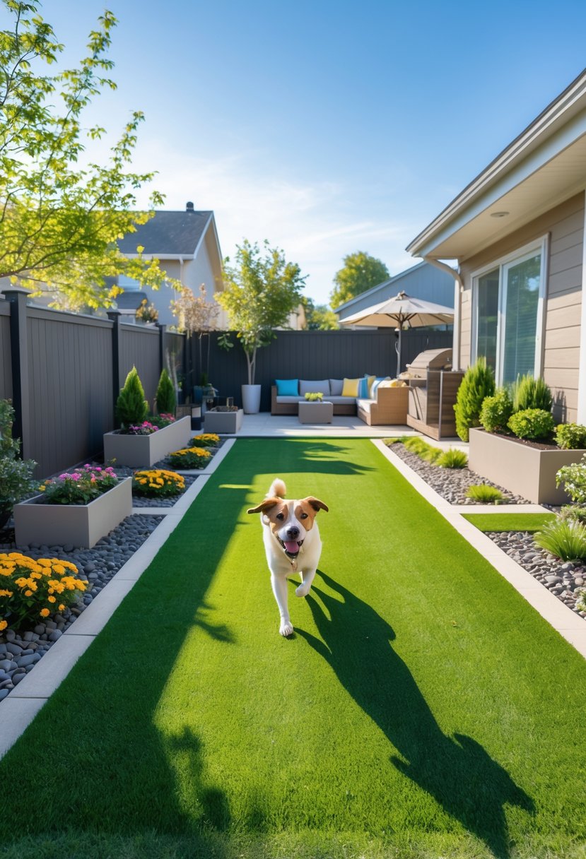 A backyard with bright green synthetic grass, a dog playing on the lawn, surrounded by plants and outdoor furniture.