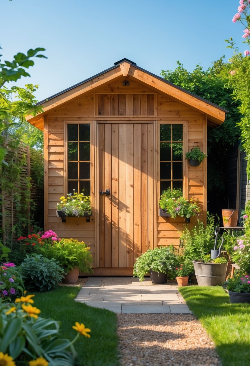 A garden shed with rustic cedar wood paneling surrounded by plants and flowers.