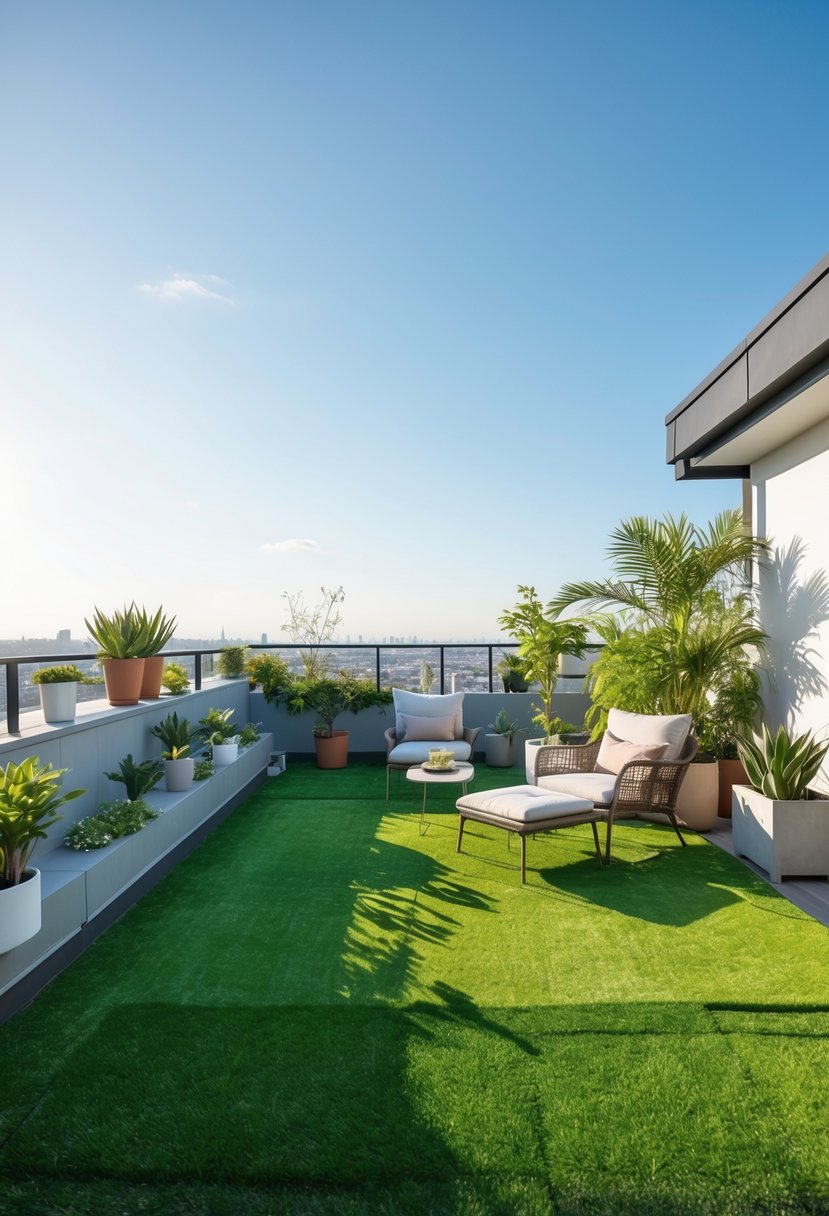 Rooftop garden with artificial grass, seating area, potted plants, and city skyline in the background.