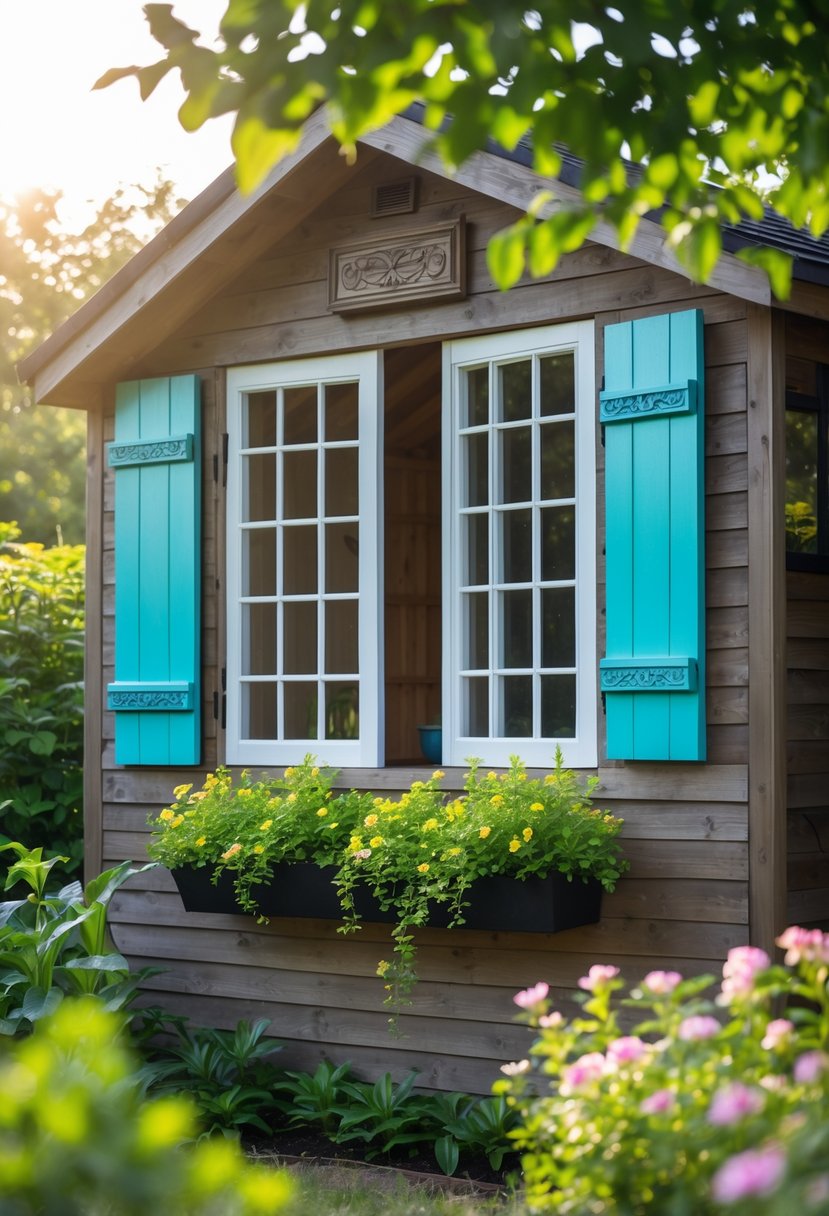 A garden shed with decorative window shutters in a contrasting color surrounded by plants and flowers.