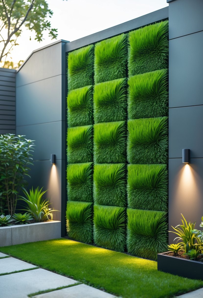 A vertical wall covered with green faux grass panels in an outdoor garden setting with stone pathways and potted plants.