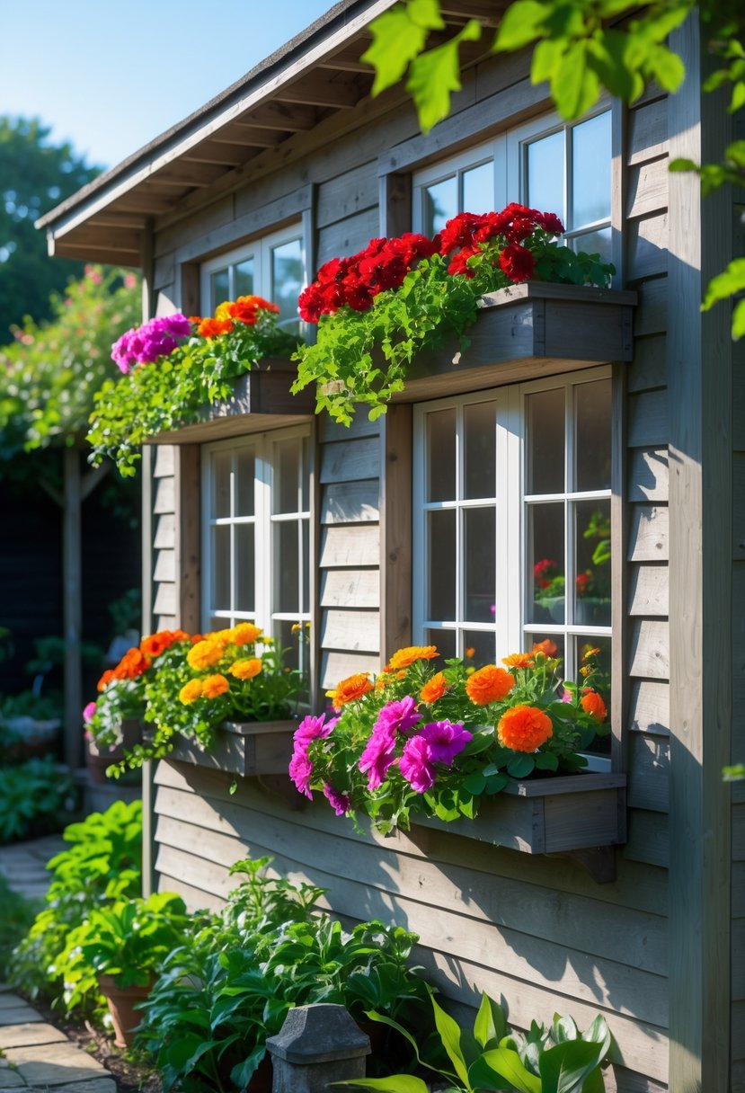 A garden shed with window boxes filled with colorful flowers beneath each window, surrounded by greenery and garden plants.