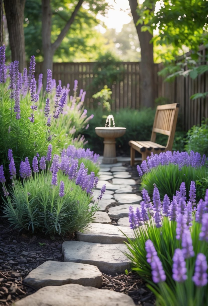 A backyard prayer garden with blooming lavender plants, a wooden bench, a small water fountain, and sunlight filtering through trees.
