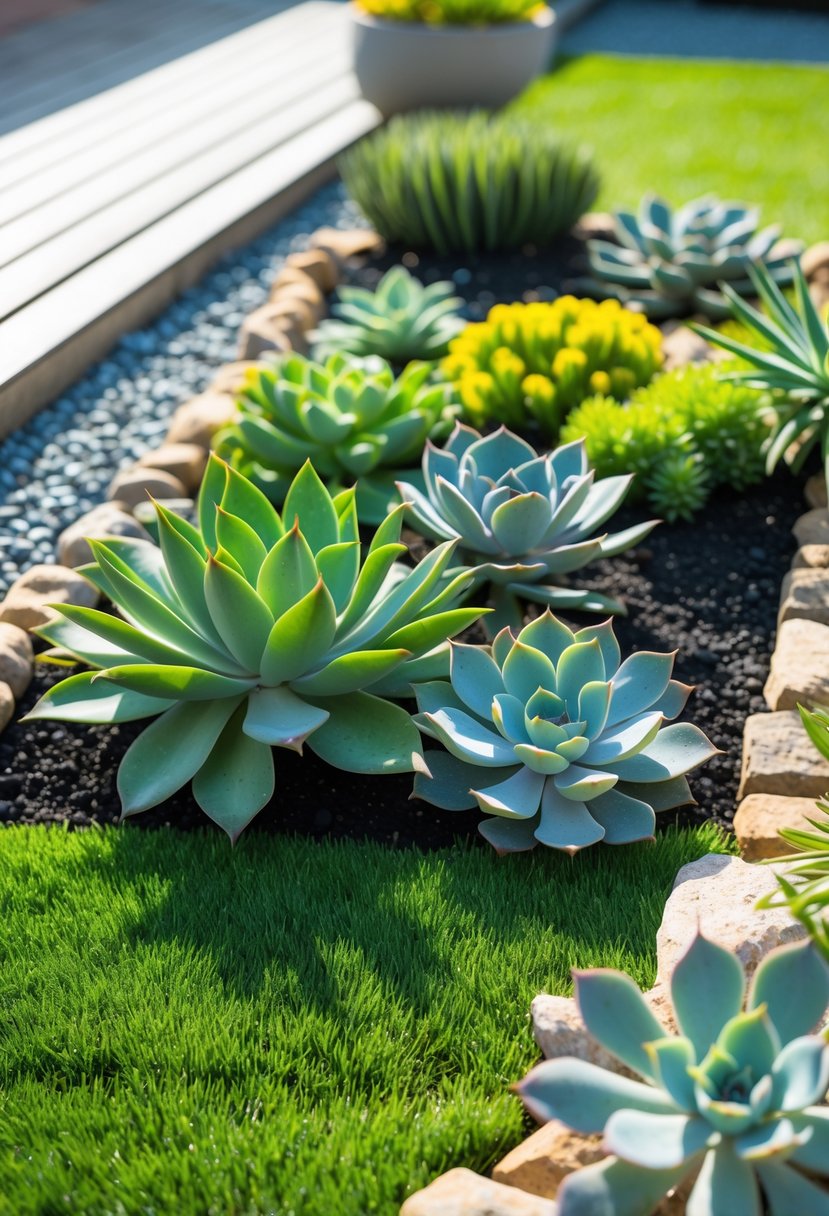 A garden bed with green artificial grass mixed with various colorful succulent plants and stone edging in an outdoor yard.