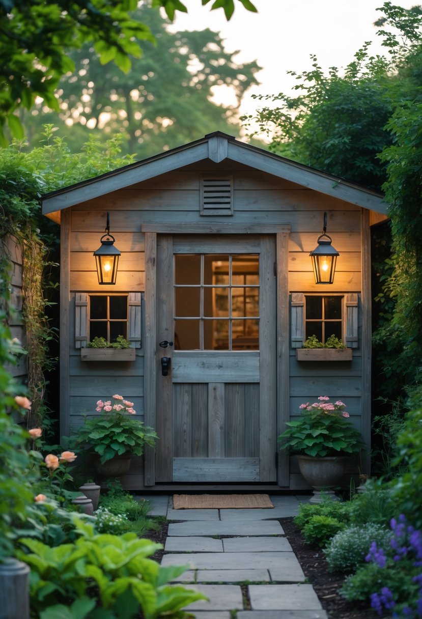 A garden shed with a wooden door flanked by two lanterns, surrounded by plants and flowers.