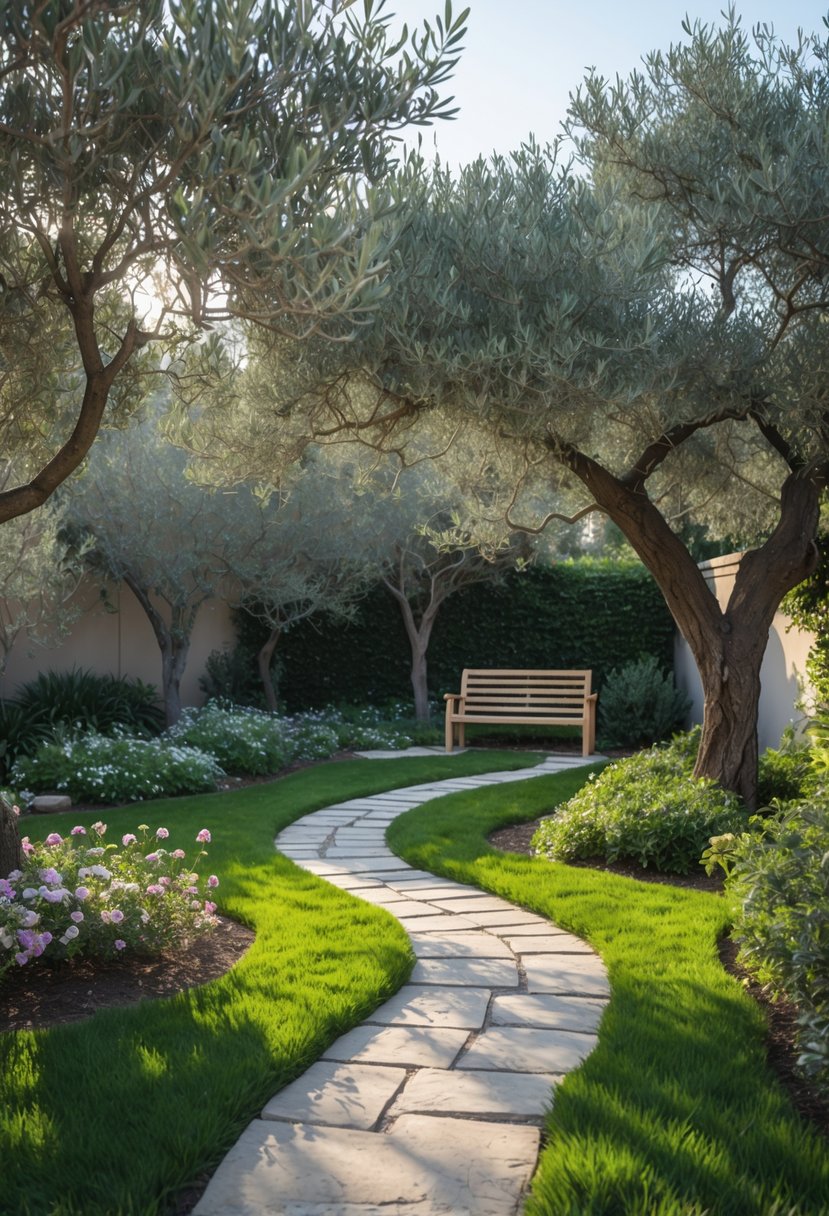 A peaceful backyard garden with olive trees, a stone pathway, and a wooden bench under the trees.