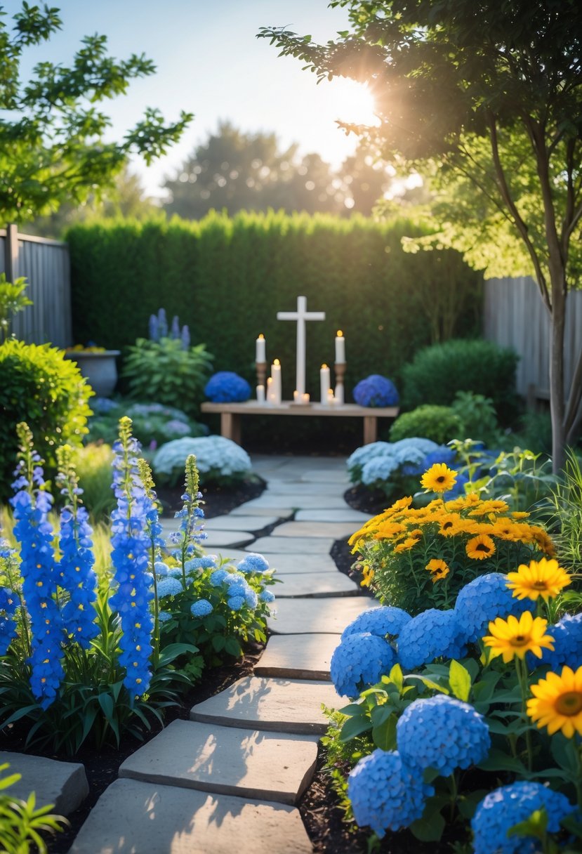 A peaceful backyard garden with blue and golden yellow flowers, a stone pathway, a wooden bench, and a small prayer altar surrounded by green trees and shrubs.