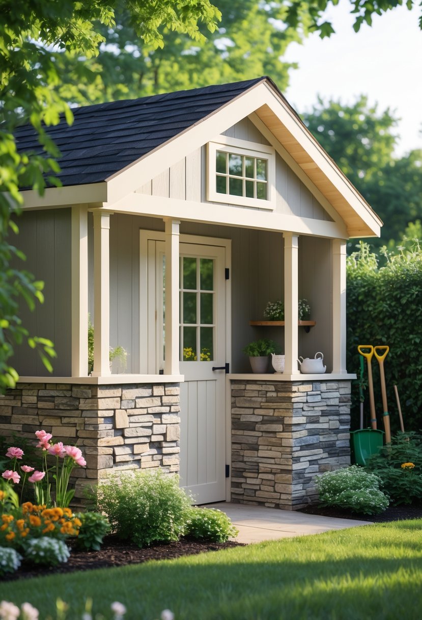 A garden shed with faux stone veneer on the lower walls surrounded by green plants and flowers.