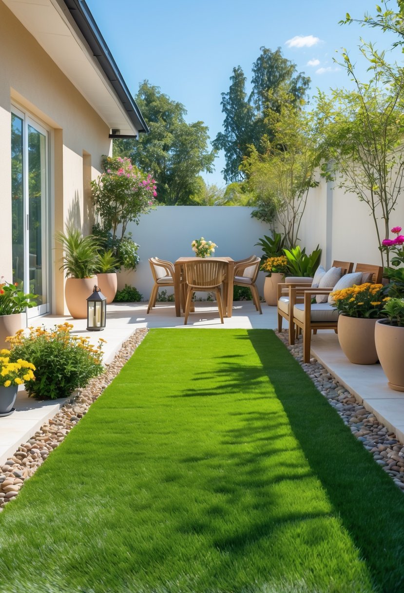 Outdoor patio with green artificial grass, modern furniture, potted plants, and decorative elements under clear sunlight.