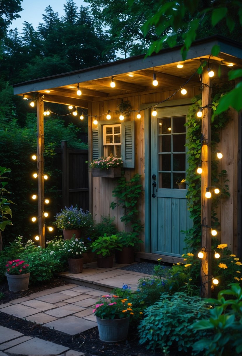 A garden shed exterior decorated with string lights, surrounded by plants and flowers at dusk.