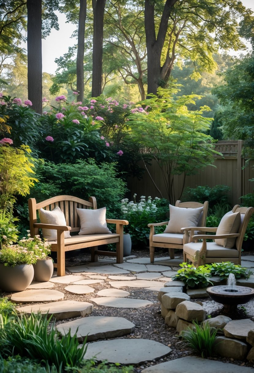 A backyard prayer garden with a wooden bench and stone chairs surrounded by plants and trees.