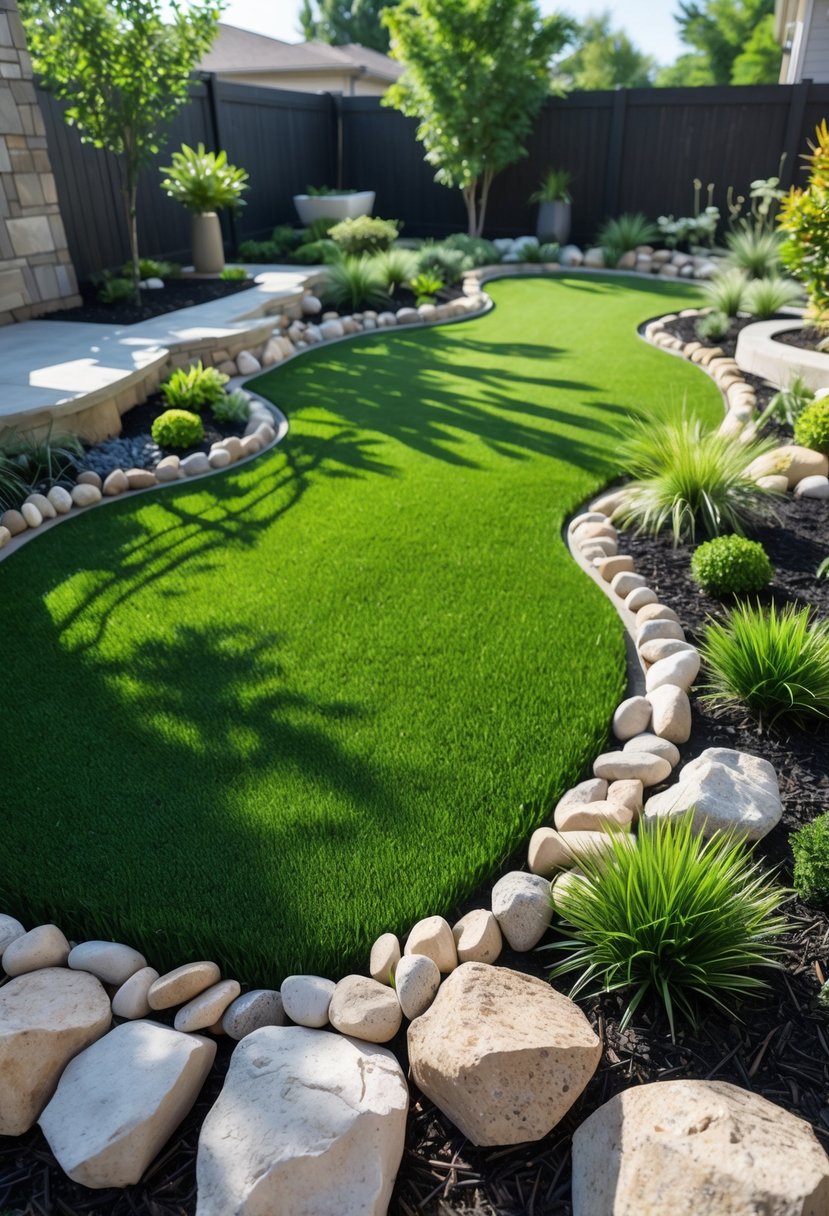 A backyard garden with green artificial grass and decorative rock accents surrounding small plants and shrubs.