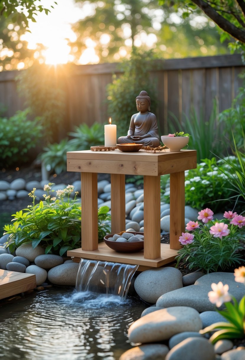 A small wooden altar with spiritual symbols surrounded by plants, flowers, and a water feature in a peaceful backyard garden.