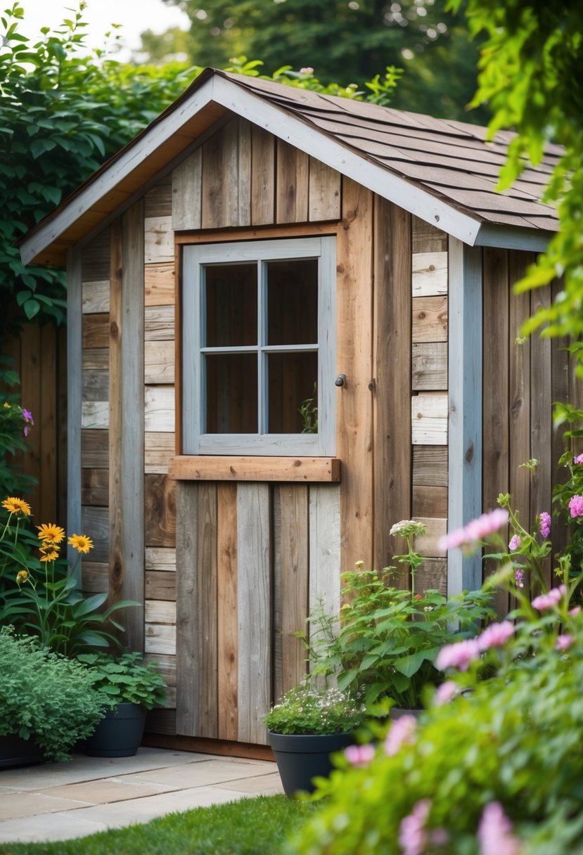 A garden shed with weathered reclaimed wood cladding surrounded by green plants and flowers.