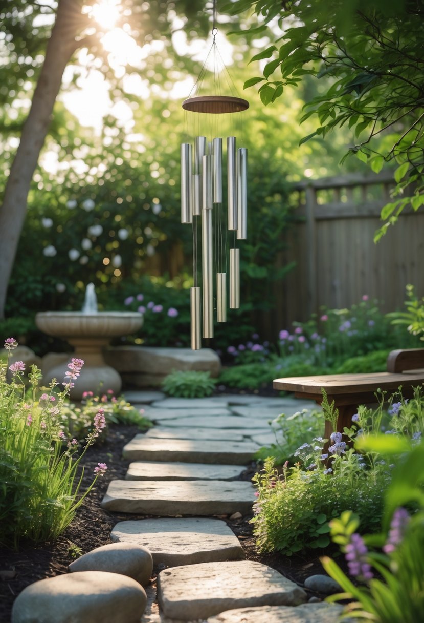 A peaceful backyard garden with wind chimes hanging among trees, a stone pathway, and a wooden bench surrounded by plants and flowers.