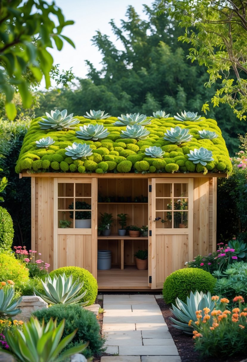 A garden shed with a green roof covered in succulents and moss surrounded by plants and flowers.