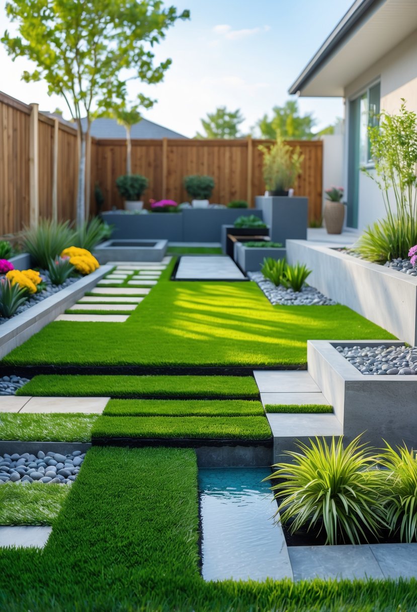 A backyard garden with vibrant artificial grass, stone pathways, flower beds, potted plants, and modern garden furniture under a clear sky.
