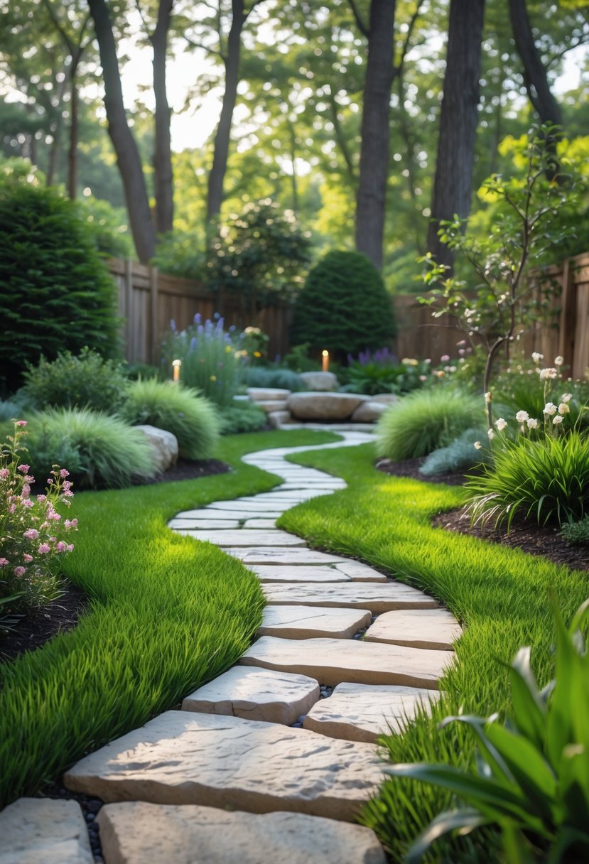 A peaceful backyard garden with a natural stone pathway winding through green grass and flowering plants under tall trees.