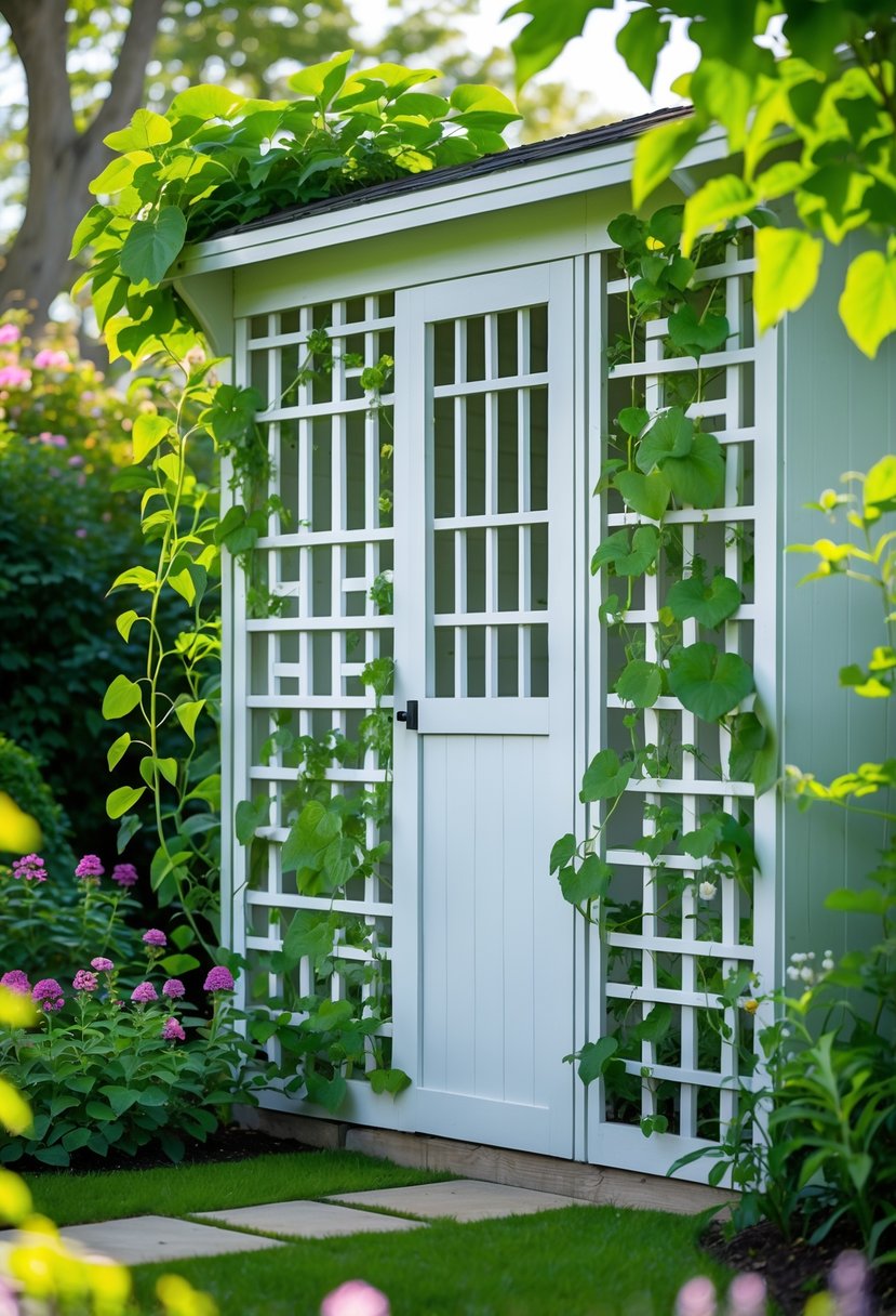 A garden shed with painted lattice panels covered in climbing vines, surrounded by green plants and flowers.