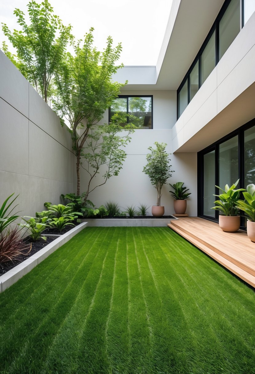 A minimalist courtyard with vibrant fake grass, concrete walls, wooden decking, and potted plants.