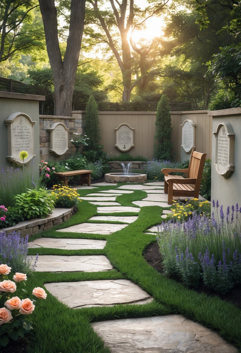 A peaceful backyard garden with a stone pathway, flowering plants, benches, and a small water fountain surrounded by trees.