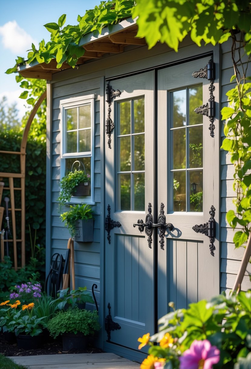 A garden shed with black metal door and window hardware surrounded by plants and flowers.