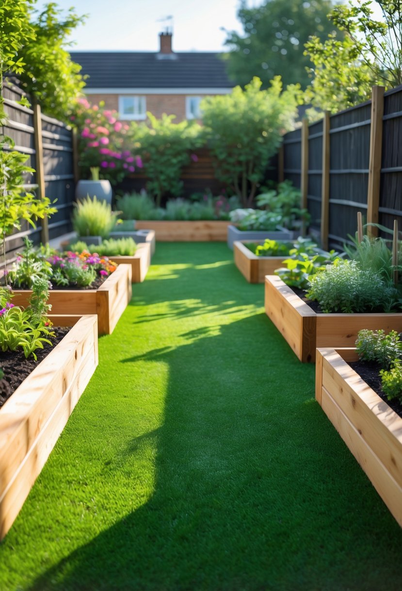 A backyard with green artificial turf and several wooden raised garden beds filled with various plants and flowers.
