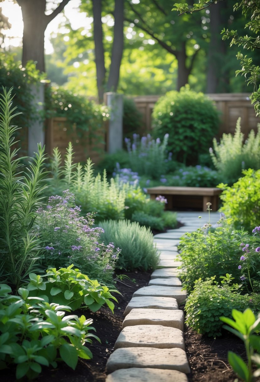 A peaceful backyard garden with rosemary and thyme plants, a stone pathway, and a wooden bench surrounded by green foliage and soft sunlight.
