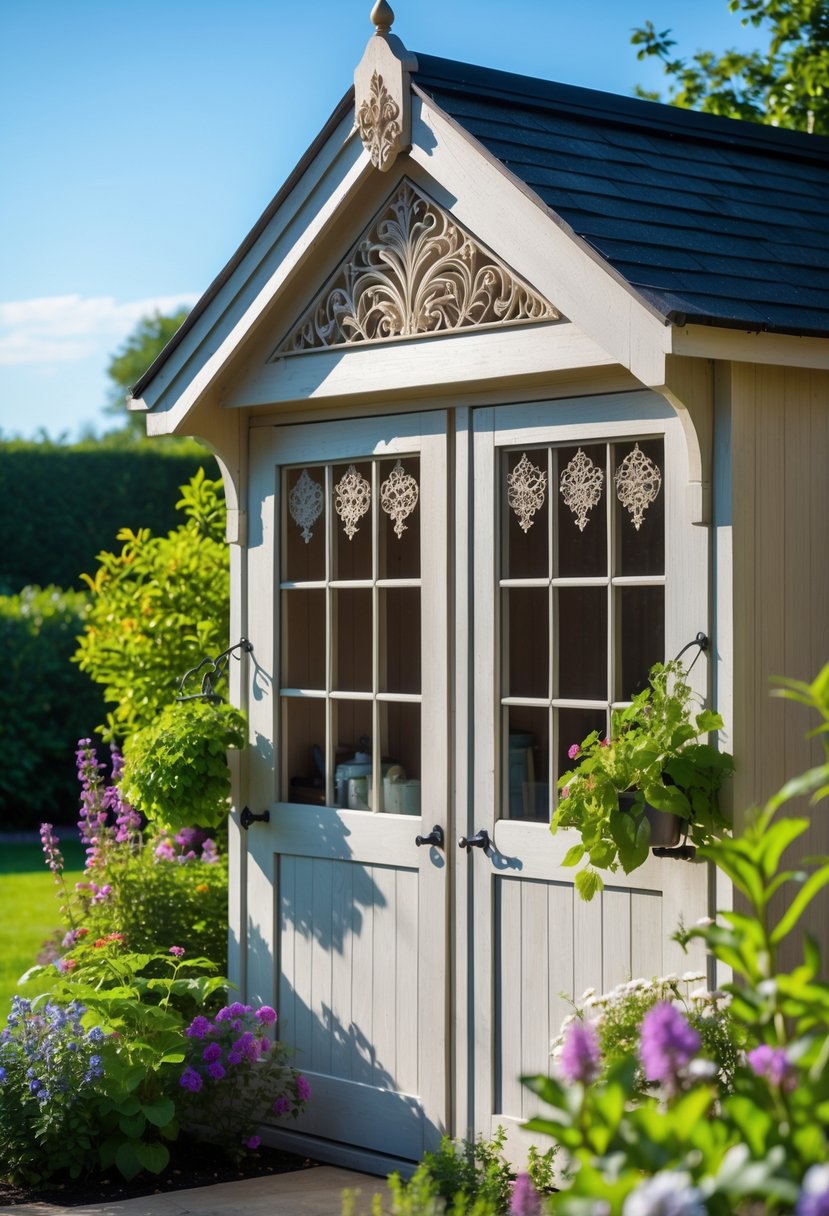 A garden shed with decorative gable vents surrounded by plants and flowers in a sunny garden.