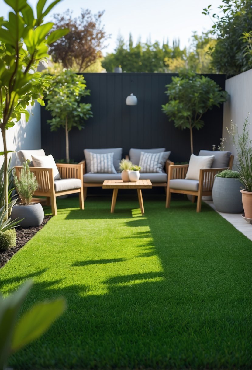 Outdoor seating area with patio furniture surrounded by green synthetic grass and garden plants.